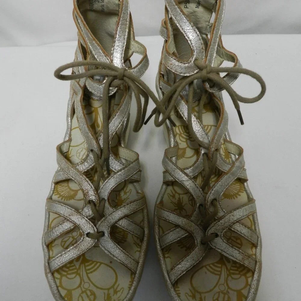 Fly London Yuke Leather Wedge Gladiator strappy sandals heels silver Size 38  8